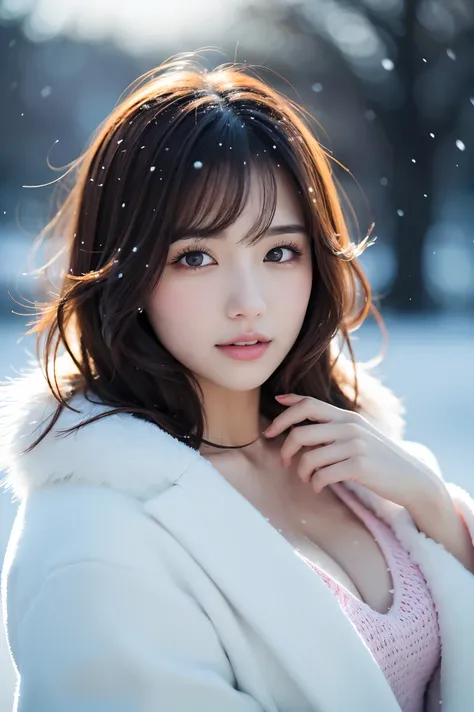 (table top、highest quality、8K、Award-winning work、ultra high resolution)、one beautiful woman、(The perfect and elegant fur coat:1.2)、(A lot of fluffy fur:1.3)、(close up of face:1.2)、[knit sweater]、very short hair、perfect fit、brown hair、epic movie lighting、(v...