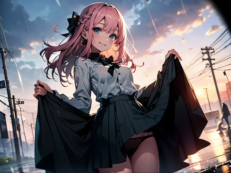 4K picture of a young woman with pink hair, 17 years old, medium breasts, blue eyes, long hair in a braid, tied in a bow on the left...,, wearing a rain-soaked shirt.  Short black skirt, wearing earrings, lifting up the skirt to reveal black underwear. Wit...