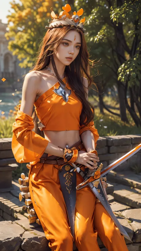 model shoot,1 girl, (innocent face:1.4), long hair, (assassin armor:1.5), (orange outfit:1.5), bare shoulder, (beautiful crown:1.5), (bloom effect:1.5), hyper realistic, super detailed, Dynamic shot, masterpiece, park scenery sharp détails, perfect eyes, p...