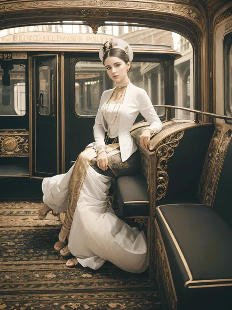 ((woman portrait)), ((belle epoque)), high class lady,( victorian fashion style),(( color photo)), ( london), ((train station)),...