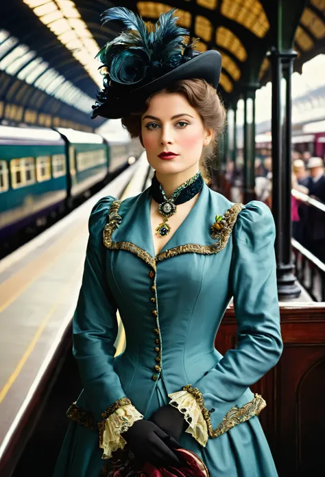 ((woman portrait)), ((belle epoque)), high class lady,( victorian fashion style),(( color photo)), ( london), ((train station)),...