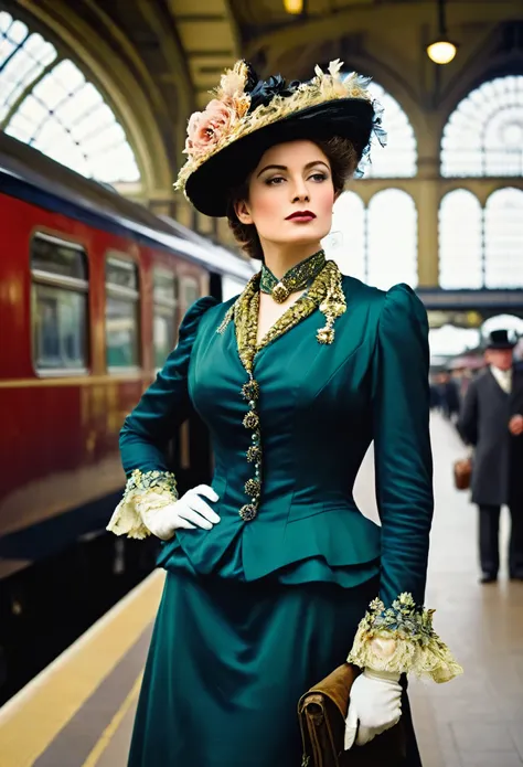 ((woman portrait)), ((belle epoque)), high class lady,( victorian fashion style),(( color photo)), ( london), ((train station)),...