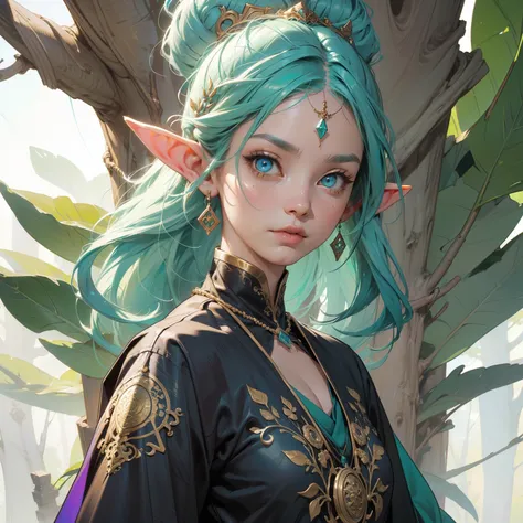 elf girl, concept art, 8k intricate details, surreal fairytale style, head tilt, oversized detailed {purple|green|blue|hazel|} eyes, looking down, seductive, textured blue hair, simple forest background, soft muted pastel colored pencil illustration, intri...