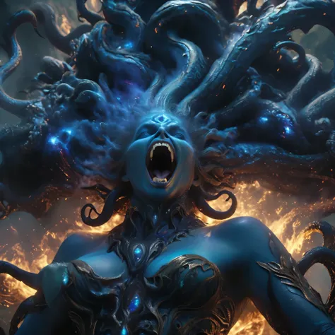 (best quality,4k,8k,highres,masterpiece:1.2),ultra-detailed,(realistic,photorealistic,photo-realistic:1.37),Giant demons with three faces from another dimension summoned from the magic circle, cosmic horror, deformed heads with tentacles and twisted horns,...