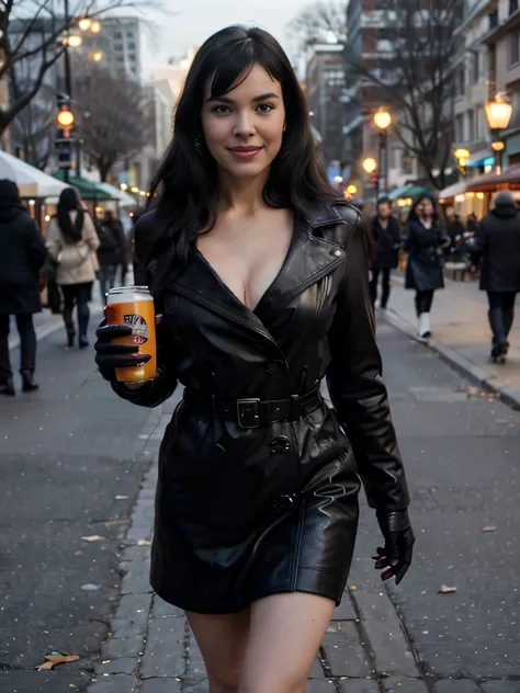 smiling Bettie Page  walking in the park. Close photo. Long black hair. ((Wearing maxy Black coat)) ((Black leather gloves)), soft  skirt, handbag over her shoulders,Winter. Perfect slim body anatomy. flirting with the camera, with a beer can in hand, drin...