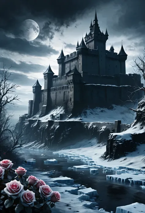 masterpiece, high quality, 8k ultra hd, highly detailed, an evil fortress, winter, ice, roses, dark ambient environment, ominous...