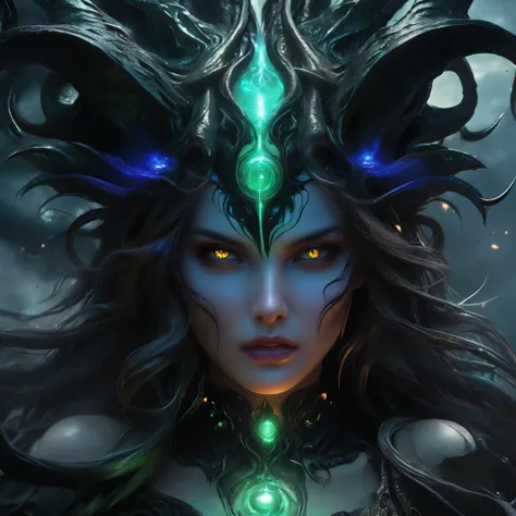(best quality,4k,8k,highres,masterpiece:1.2),ultra-detailed,(realistic,photorealistic,photo-realistic:1.37),Giant demons with three faces from another dimension summoned from the magic circle, cosmic horror, deformed heads with tentacles and twisted horns,...