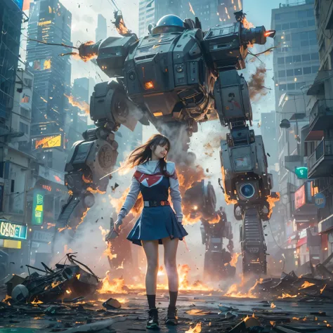 (highest quality、4k、8K、High resolution、masterpiece: 1.2)、Super detailed、(genuine、photogenuineistic、photogenuineistic: 1.37)、Destruction of a Great City、(A woman with telekinesis stands in front of a mech controlled by the invaders:1.37) 、(Women are young a...