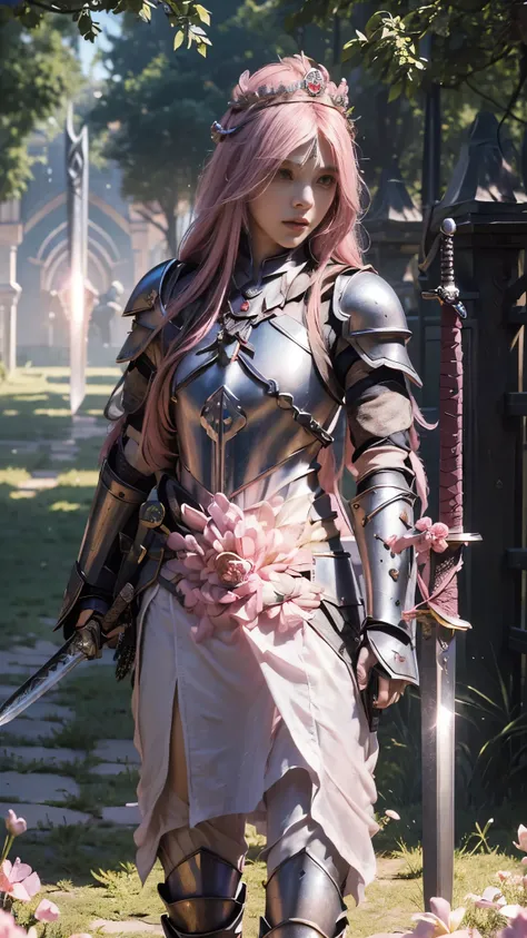 model shoot,1 girl, (innocent face:1.4), long hair, (assassin armor:1.8), (pink cosplay:1.5), bare shoulder, ( beautiful crown:1.5), (bloom effect:1.5), hyper realistic, super detailed, Dynamic shot, masterpiece, park scenery sharp détails, perfect eyes, p...