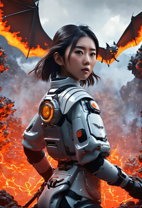 (high quality), (masterpiece), (detailed), 8K, Hyper-realistic portrayal of a futuristic (1girl1.2), Japanese character surrounded by molten magma with bats. Meticulous details capture the dynamic fusion of tradition and innovation in this visually stunnin...