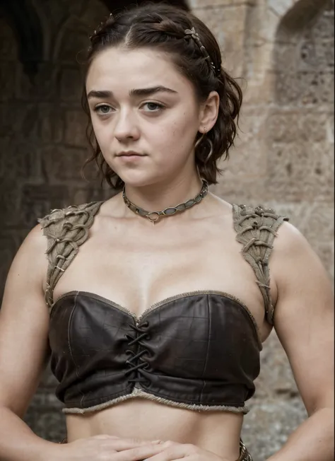 Foto RAW, RAW photograph of Maisie Williams, Roman Slave dress, toga dress, Arya Stark, 45 years old Woman, big natural breast, curvy, thick mature figure, motherly figure, incredible skin texture, skin pores, sweat, Extremely gorgeous lady, Arya Stark PLA...