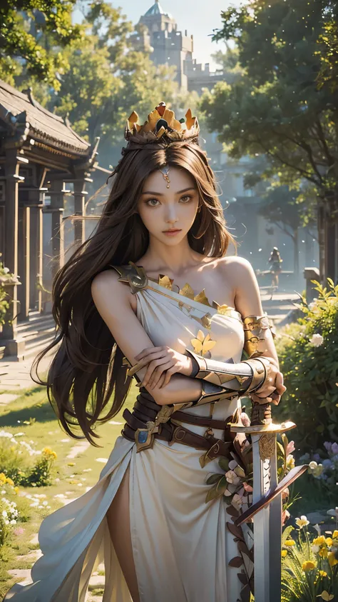 model shoot,1 girl, (innocent face:1.5), long hair, (assassin armor:1.2), (brown cosplay:1.5), (bare shoulder:1.4), ( beautiful crown:1.5), (bloom effect:1.5), hyper realistic, super detailed, Dynamic shot, masterpiece, park scenery sharp détails, perfect ...