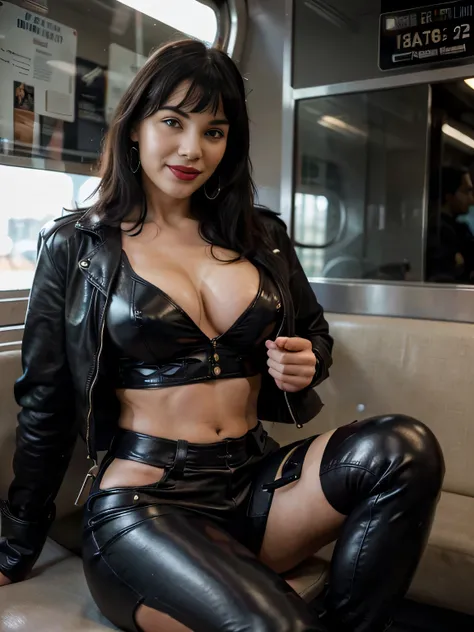 Smiling Bettie page 25 years old, beautiful, wonderful, sitting cross-legged, on the train in Paris, alone, 1 girl, real, very high resolution, 16k, rough leather pants , leather jacket, whithe t shirt, fine black leather gloves, high knee boots,luxury, fa...