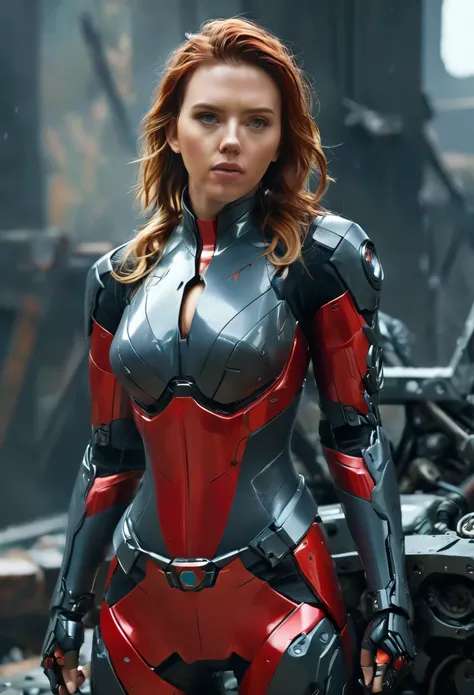 (high quality), (masterpiece), (detailed), 8K, Hyper-realistic portrayal of a futuristic (1girl1.2), Scarlett Johansson character surrounded by red armor full body suit, costume semi Machinery mechanical cyborg. Meticulous details capture the dynamic fusio...