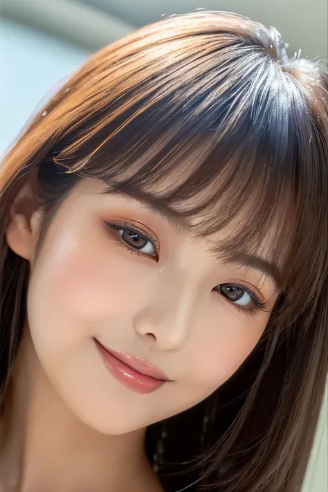 ((A close-up frontal photograph of the face of a 24-year-old Japanese woman))　(Her long bangs, which reach down to her eyes, are neatly trimmed..)　((highest quality)), ((masterpiece)), (be familiar with), perfect face　(Highly detailed 8K)　(Stable diffusion...