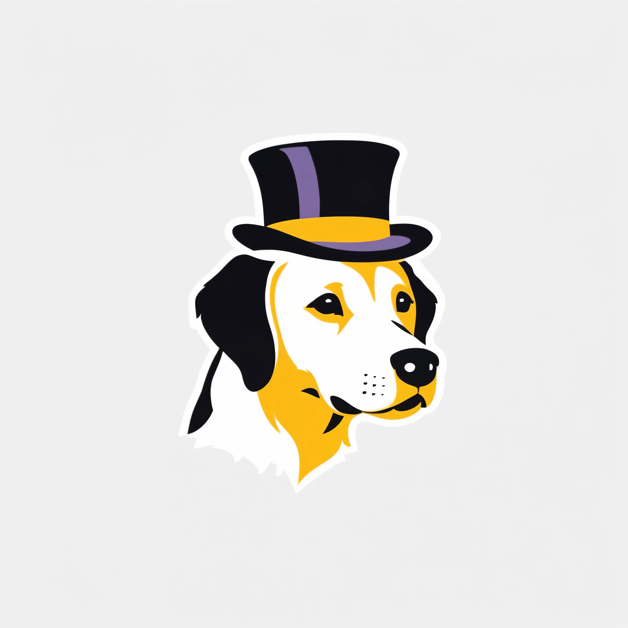 logo flat , that has an abstract representation of a puppy with glasses modern computer glasses labrador puppy with a top hat in an elegant pose (gold yellow, black , white , purple accents) ),LogoRedAF ,