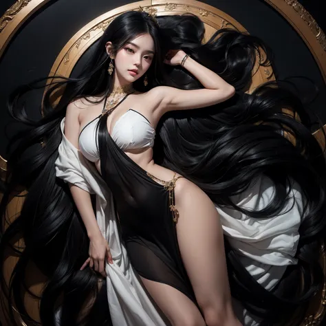 very long and abundant 10 meters of beautiful straight black hair。naked。holding up hair with both hands。the location is the bedr...