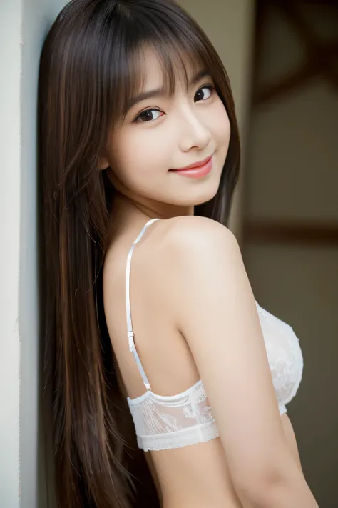 (Her back is completely against the wall、Standing in a graceful pose, To the viewer.)　(((Her hair is very long and straight, Up to the waist.)))　(One Japanese woman, 24 years old)　((highest quality)), ((masterpiece)), (be familiar with), perfect face　(High...