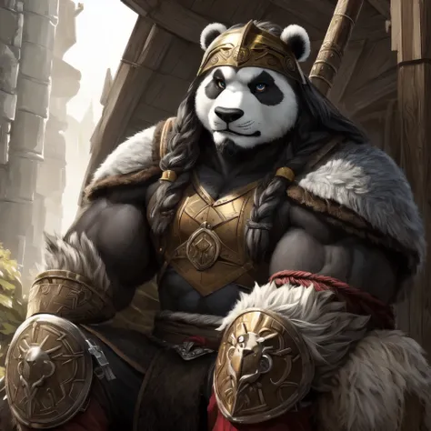 (Male panda warrior with Viking elements, full body, muscular build, intricately detailed armor, authentic Viking helmets, bearded face, fierce expression, realistic rendering, highest quality, masterpiece, ultra-detailed, dramatic, trending on ArtStation,...