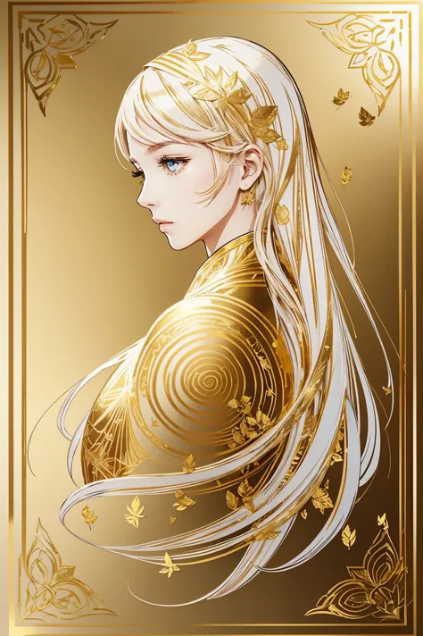 (Stick figure art|Gold leaf art.) ), (stick figure line | gold foil line), line drawing of the head of the golden and white anime character drawn by gold leaf art, real gold foil, gold foil texture, elemental,