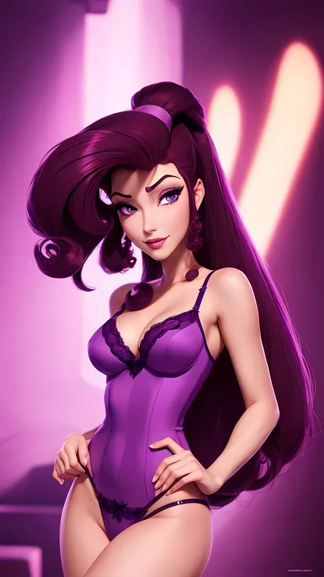 brunette Megara, purple lingerie, face focus, detailed face expression, best quality, official art, shinning eyes, disney animation style, best quality, digital art, 2D, full body