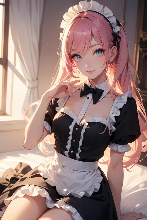 There is a young woman sitting on her bed with a stuffed toy., cosplay of a catboy! maid! dress, anime girl cosplay, cosplay photo, cosplay, shining eyes, Sparkling Hair, beautiful skin, high nose, Big Ears, A wide smile,
Slender body, Stocky build, muscul...