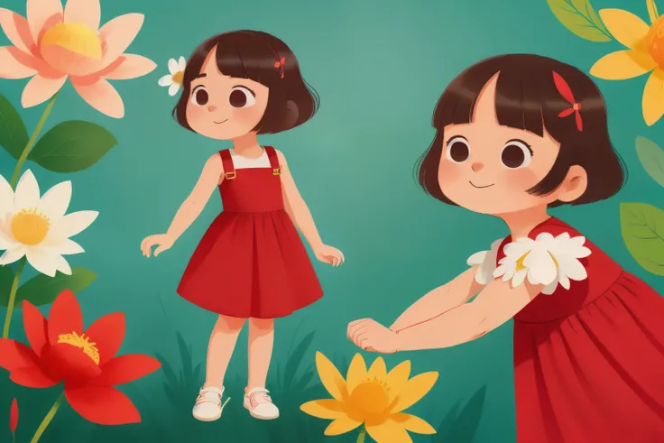 1 girl with short shoulder-length hair wearing a red strappy dress with small white flower prints.