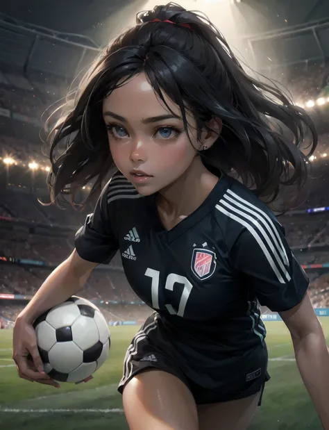 high quality,HD,16k,sharp lines,1 girl,Female soccer athlete ,cute face, large breasts, nice legs,At the soccer venue,focus girl,detailed beautiful face,detailed clothes,beautiful eyes,cool,dynamic angle