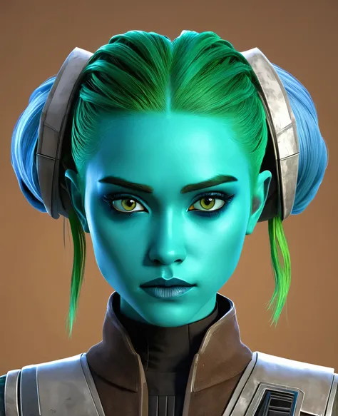 An androgynous Young looking Star War character with blue-green skin and hair. Stylized like in the 3D animation serie "the clones wars", it really need to look like in the series
