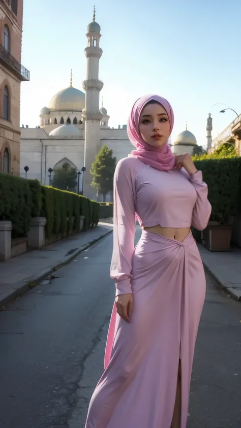 hijab, sexy cosplay, mosque in background 