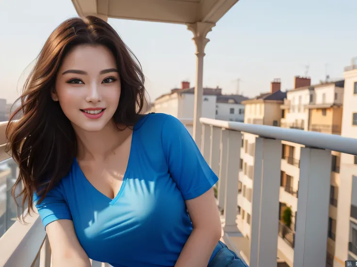 Beautiful woman, laughing, on a balcony, wearing a blue t-shirt, leaning on a railing. High Resolution, (Photographically Realistic), , Sexy Pose, 8K, NFSW. Masterpiece, best quality, (best quality), (CG unit 8k wallpaper, realistic lighting, extremely det...