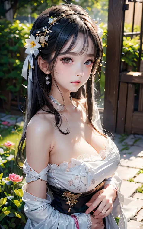 (Little girl: 1.5), lace, ribbon, Hanfu, (masterpiece, side light, delicate and beautiful gray eyes: 1.2), masterpiece, realistic, glowing eyes, shiny hair, dark hair, long hair, shiny skin, solo, awkward, strapless, delicate, beautiful, garden, flowers, f...