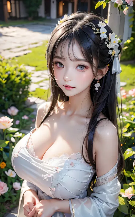 (Little girl: 1.5), lace, ribbon, Hanfu, (masterpiece, side light, delicate and beautiful gray eyes: 1.2), masterpiece, realistic, glowing eyes, shiny hair, dark hair, long hair, shiny skin, solo, awkward, strapless, delicate, beautiful, garden, flowers, f...