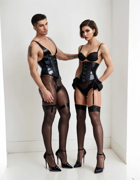 Two Masculine  men, both with very short hair ,athletic body,   wearing a padded bra, one with glossy nude pantyhose  and extreme heels ,the other in  stocking, lingerie, corset, very high heels, makeup, earrings