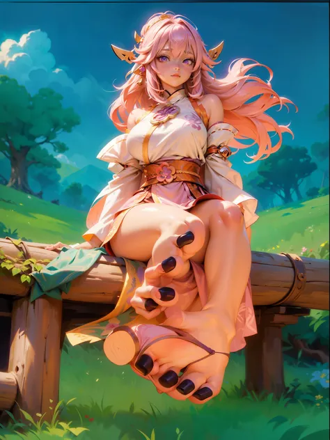 yes, in a sitting pose, putting her feet forward showing her toenails, she is sitting on a tree trunk, in the garden in a beautiful field and a beautiful landscape, calm, painting style, expert shading, soft shading, highly detailed, no lineart, western ar...