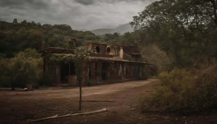 floresta sombria e ao fundo fabrica abandonada