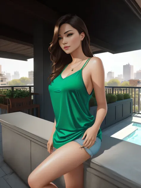 there is a woman standing on a balcony with a dog, wearing a green blouse, from the side, side photo, side portrait, wearing a tight t-shirt, mid-rise raised, side photo, tight shirt, waist photo, from the outside, half-length photo , half-body photo, pill...