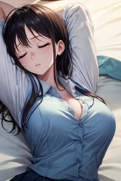 Sleeping face、(best quality,ultra-detailed,highres:1.2),1 boy, ,mans both hands touches womans breast、grabbing breasts,closed eyes,casual_pose,no consciousness,school girl uniform,expressionless,shirt unbuttoned,innocent look、arms up、put her hands behind h...