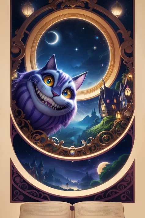 Imagine the enigmatic Cheshire Cat from "Alice in Wonderland," famously known for its disappearing act, donning a pair of quirky glasses. Perched atop a colossal fairy tale book, the cats eccentric grin widens, spreading mystery and intrigue. The backgroun...