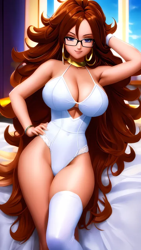 (Photo:1.3), highdetail, Android21, 1girl, solo, looking at viewer, smile, blue eyes, brown hair, white lingerie, jewelry, , glasses, ,  curly hair,  (acclaimed, alluring, captivating, exciting, gorgeous, striking:1.3), (trending on artstation:1.3), (white...