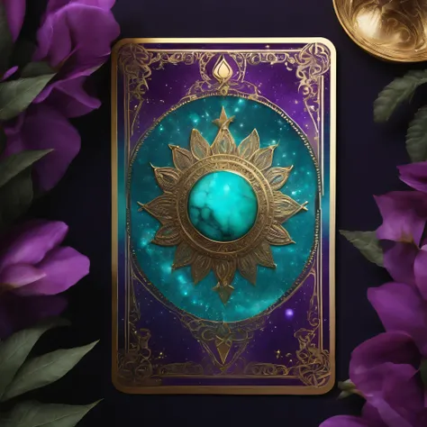 Tarot card with turquoise purple hues and shimmering gold edges 
Magical enchanted energy 
Ultra realistic high definition high resolution 