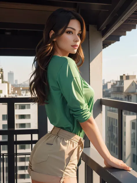 there is a woman standing on a balcony with a dog, wearing a green blouse and short beige shorts, from the side, side photo, side portrait, wearing a tight t-shirt, mid-rise raised, side photo, tight shirt, waist photo, from the outside, half body photo, h...