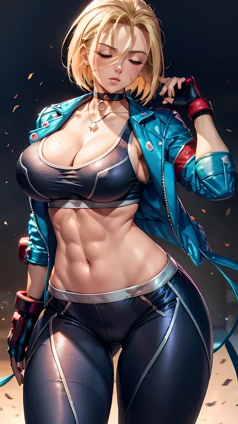 (obra de arte), (melhor qualidade), (ultra detalhado),(cabelo desgrenhado),(illustration), 1girls, abs, antenna hair, belt, black choker, blonde hair, blue jacket, blush, breasts, choker, clenched hand, closed eyes, closed mouth, clothes pull, collarbone, ...