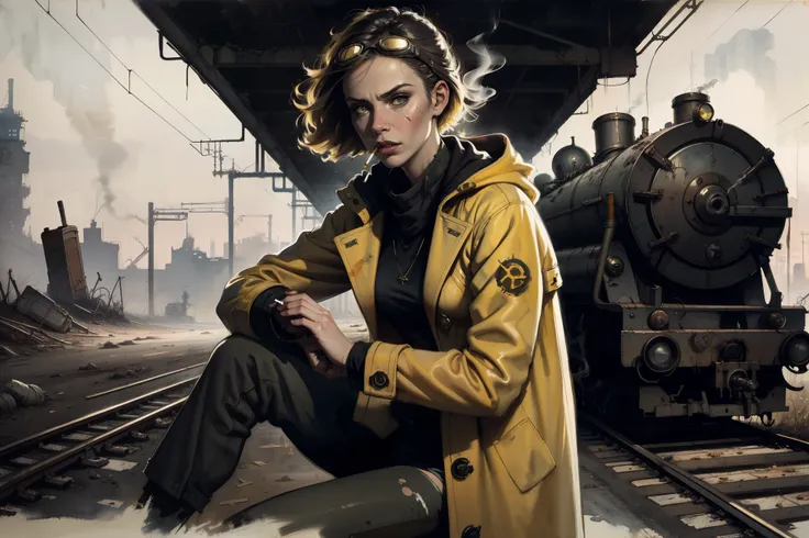 masterpiece, best quality, 1girl, (closeup), engineer, slim, (yelow coat, goggles), sitting, (smoking cigarette), serious, dirty face, wasteland, abandoned train station, industrial ruins, grey, desolate, dark, watercolor, sketch