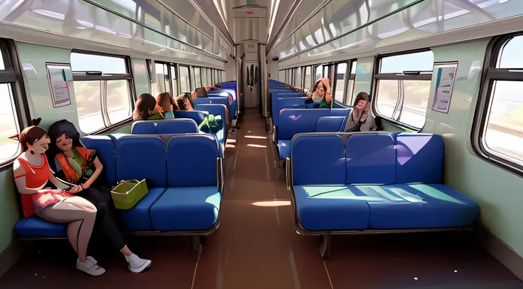 inside train, summer, green, people