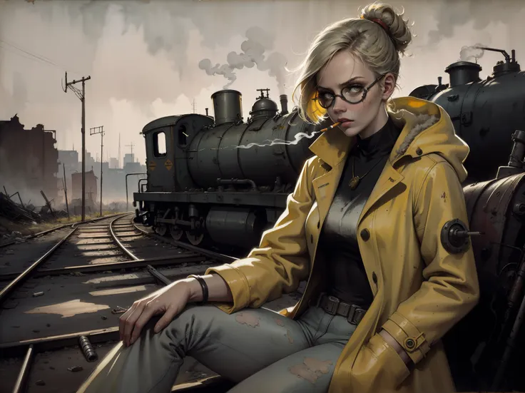 masterpiece, best quality, 1girl, (closeup), engineer, slim, (yelow coat, goggles), sitting, (smoking cigarette), serious, dirty face, wasteland, abandoned train station, industrial ruins, grey, desolate, dark, watercolor, sketch