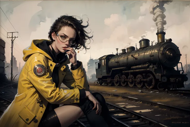 masterpiece, best quality, 1girl, (closeup), engineer, slim, (yelow coat, goggles), sitting, (smoking cigarette), serious, dirty face, wasteland, abandoned train station, industrial ruins, grey, desolate, dark, watercolor, sketch