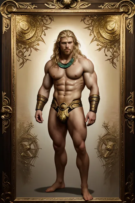 painted portrait of a stout Thor, god of thunder, young greek god, blond windy hair, male, insanely handsome, upper body, muscular, hairy torso, fantasy, intricate, elegant, highly detailed, digital painting, art station, concept art, soft, sharp focus, il...