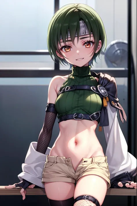 yuffiekisaragi, Yuffie Kisaragi,Haircuts, pixie cut,
壊す crop top, fingerless gloves, fishnet Thighhighs, fishnet, forehead protector, gloves, head band, belly button, short shorts, shorts, single sleeve, single thigh high, No sleeve, No sleeve turtleneck, ...