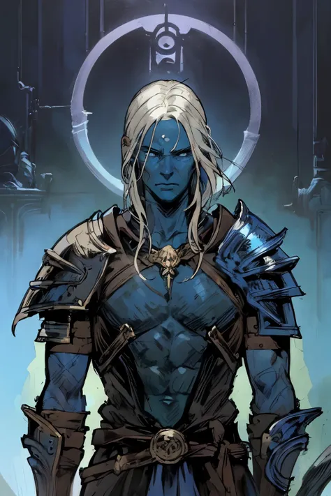 male with blue skin, detailed vibrant armor, shoulder length hair, white_hair, fantasy, sci-fi, masculine, in the style of     j...